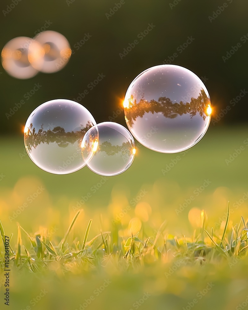 Floating soap bubbles shimmering in sunlight over a lush green field. Floating soap bubbles shimmering in sunlight over a lush green field.