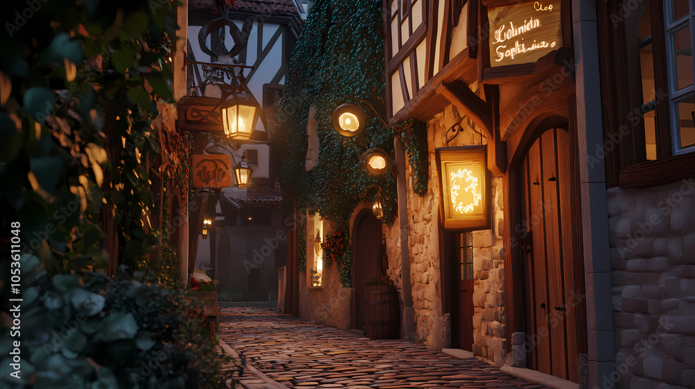 Fototapeta premium A medieval alleyway at dusk, lined with quaint, timber-framed buildings and cobblestone streets. Ivy creeps up walls, lanterns glow against moonlit shadows, signs hang above small shop entrances.