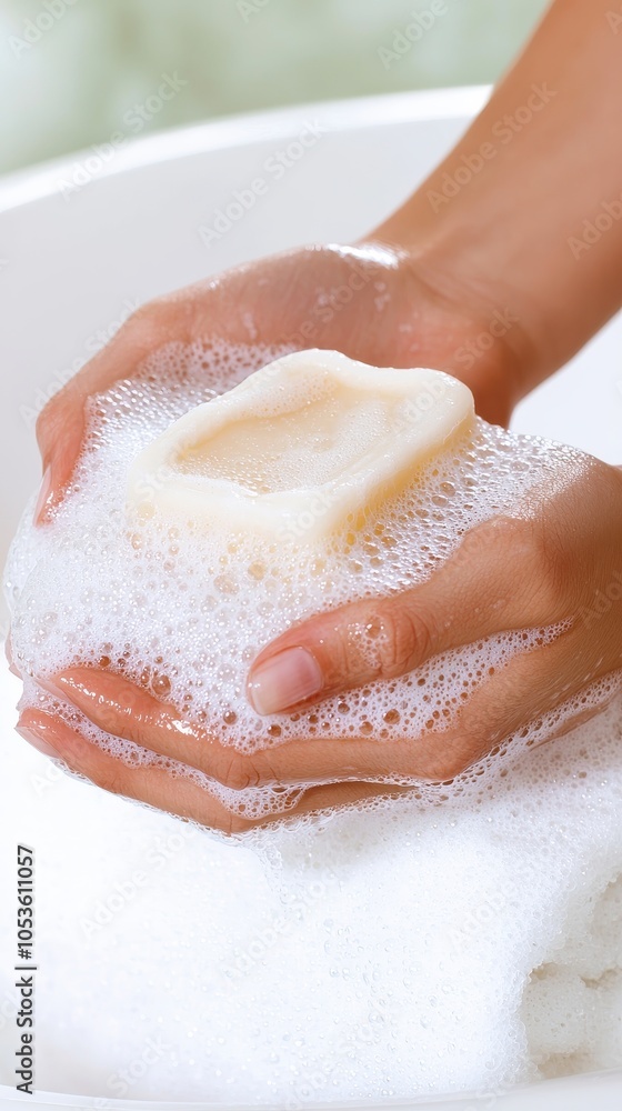 Fototapeta premium Hands holding a bar of soap with bubbles, white isolated background