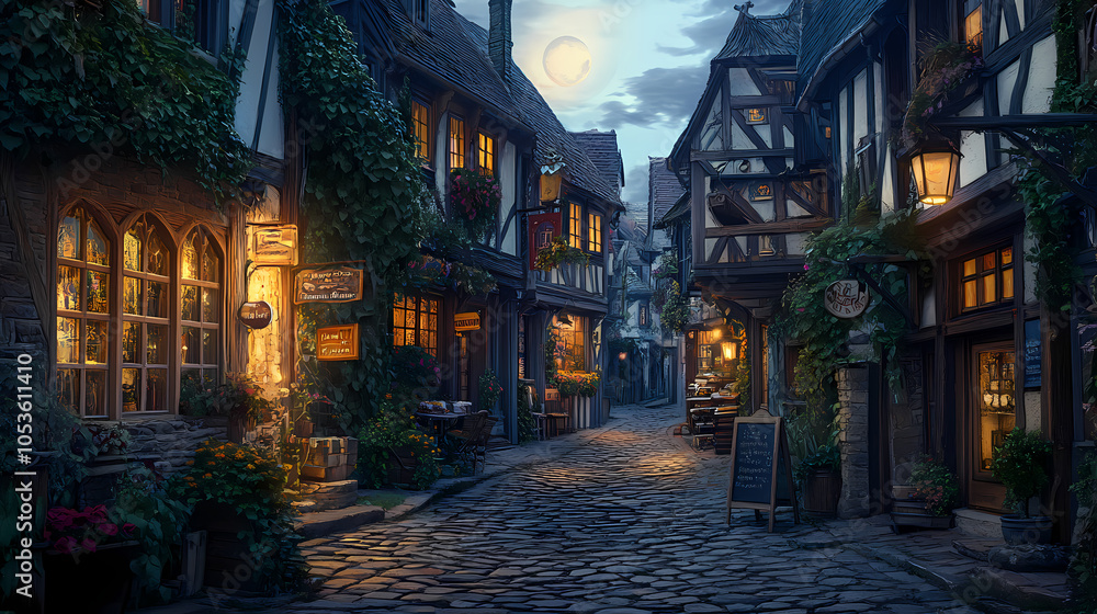 Fototapeta premium A medieval alleyway at dusk, lined with quaint, timber-framed buildings and cobblestone streets. Ivy creeps up walls, lanterns glow against moonlit shadows, signs hang above small shop entrances.