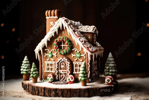 christmas gingerbread house on wooden board with dark background photo