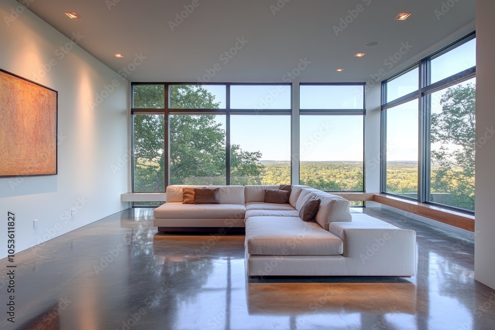 Modern living room with large windows showcasing a scenic view. Modern living room with large windows showcasing a scenic view.