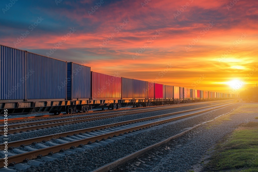 Fototapeta premium Cargo containers being loaded onto a freight train at sunrise, symbolizing land transport logistics, with the train stretching into the distance and the first light of day illuminating the scene