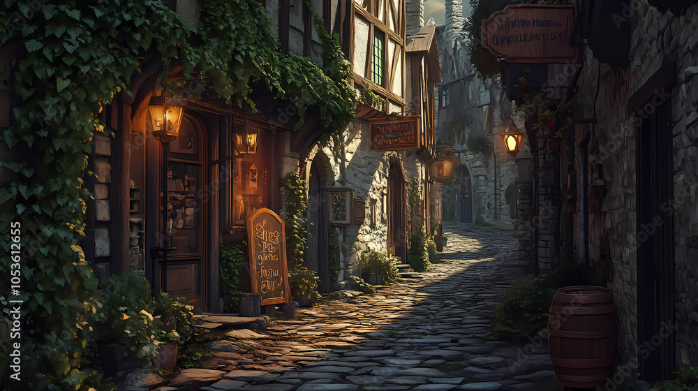 Fototapeta premium A medieval alleyway at dusk, lined with quaint, timber-framed buildings and cobblestone streets. Ivy creeps up walls, lanterns glow against moonlit shadows, signs hang above small shop entrances.