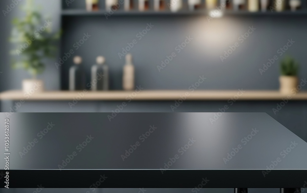 A modern kitchen interior featuring a sleek black table with stylish decor and organized shelves in soft lighting during evening hours A modern kitchen interior featuring a sleek black table with stylish decor and organized shelves in soft lighting during evening hours