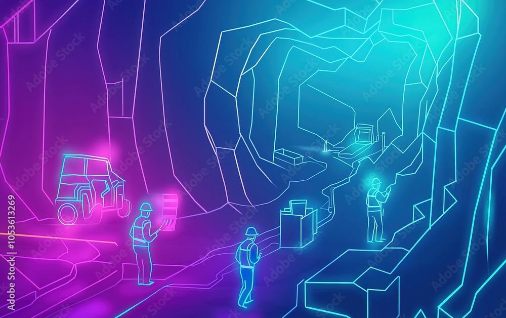 Neon-lit underground mining site with workers and machinery in a futuristic cave setting Neon-lit underground mining site with workers and machinery in a futuristic cave setting