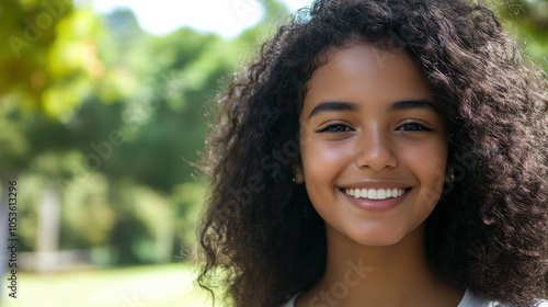 Teenaged Brazilian girl with curly hair and a cheerful expression.