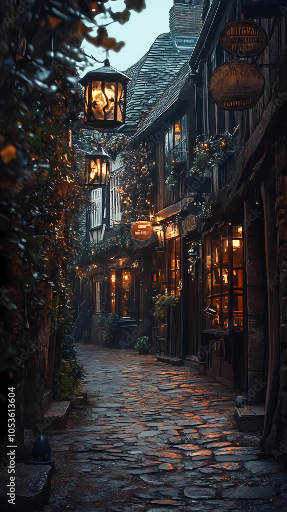 Fototapeta premium A medieval alleyway at dusk, lined with quaint, timber-framed buildings and cobblestone streets. Ivy creeps up walls, lanterns glow against moonlit shadows, signs hang above small shop entrances.