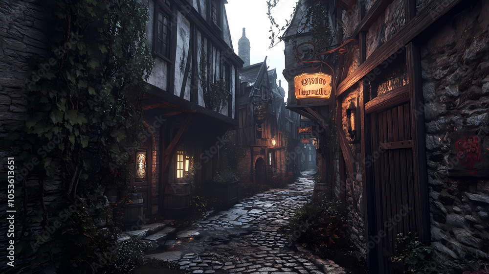 A medieval alleyway at dusk, lined with quaint, timber-framed buildings and cobblestone streets. Ivy creeps up walls, lanterns glow against moonlit shadows, signs hang above small shop entrances. A medieval alleyway at dusk, lined with quaint, timber-framed buildings and cobblestone streets. Ivy creeps up walls, lanterns glow against moonlit shadows, signs hang above small shop entrances.