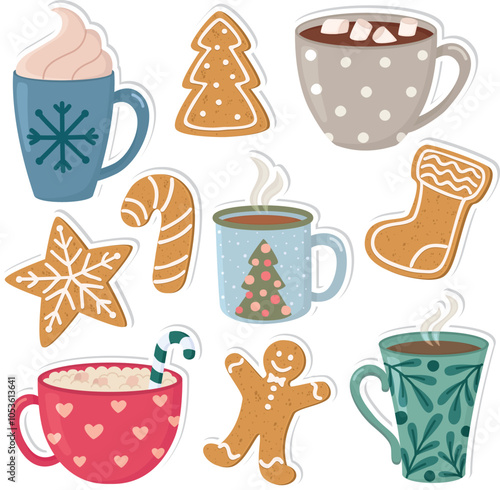 Set of stickers with cute Christmas gingerbread and drinks. Vector colorful cups and cookies