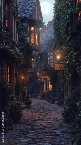 A medieval alleyway at dusk, lined with quaint, timber-framed buildings and cobblestone streets. Ivy creeps up walls, lanterns glow against moonlit shadows, signs hang above small shop entrances.