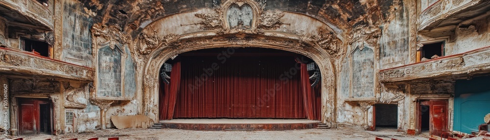 An abandoned theater with ornate details and a red curtain, showcasing decay and history. An abandoned theater with ornate details and a red curtain, showcasing decay and history.