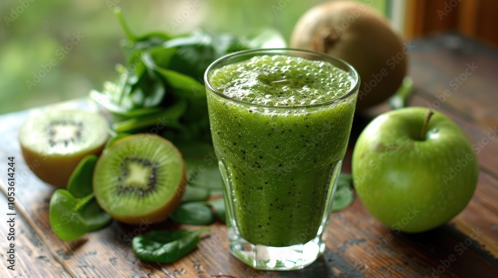 A refreshing green smoothie featuring kiwi slices, apples, and spinach on a wooden background, showcasing health and vitality.