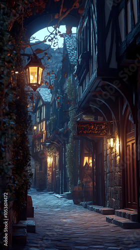A medieval alleyway at dusk, lined with quaint, timber-framed buildings and cobblestone streets. Ivy creeps up walls, lanterns glow against moonlit shadows, signs hang above small shop entrances.