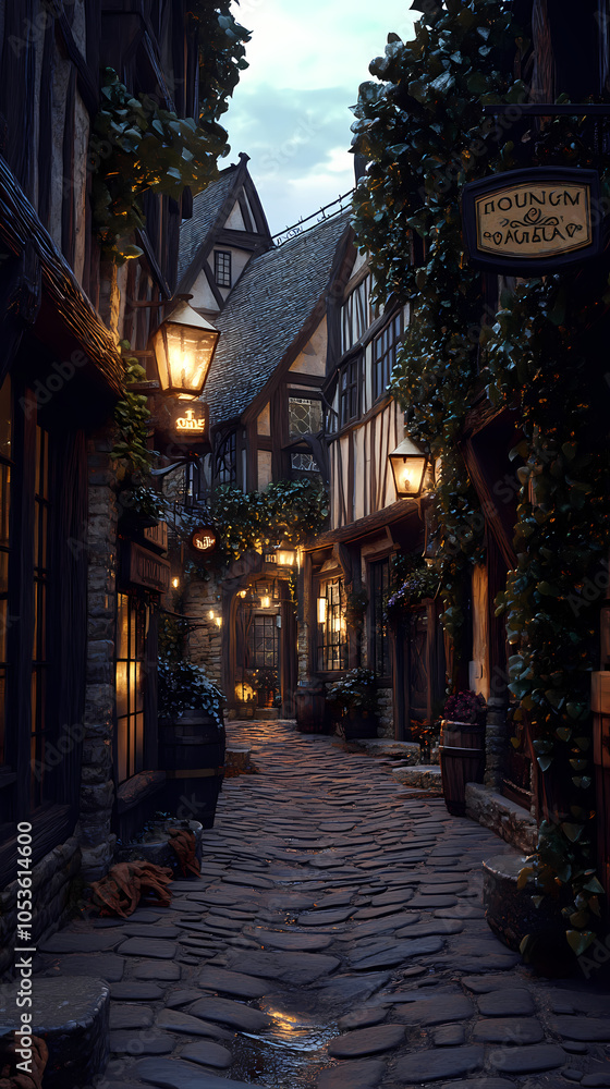 Fototapeta premium A medieval alleyway at dusk, lined with quaint, timber-framed buildings and cobblestone streets. Ivy creeps up walls, lanterns glow against moonlit shadows, signs hang above small shop entrances.