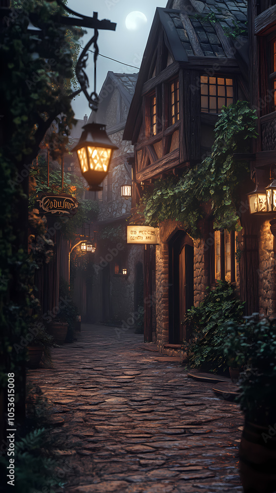 Fototapeta premium A medieval alleyway at dusk, lined with quaint, timber-framed buildings and cobblestone streets. Ivy creeps up walls, lanterns glow against moonlit shadows, signs hang above small shop entrances.