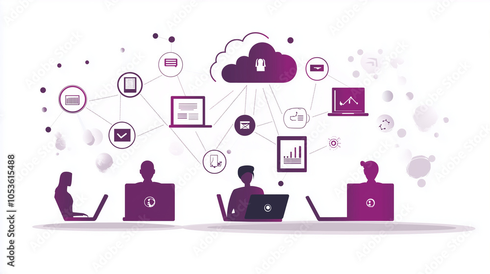 Illustration of a team working in a digital environment powered by cloud systems, representing online collaboration, seamless connectivity, and flexible workflows for modern business and tech projects Illustration of a team working in a digital environment powered by cloud systems, representing online collaboration, seamless connectivity, and flexible workflows for modern business and tech projects