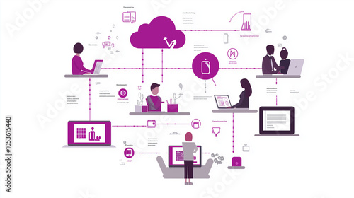 Illustration of a team working in a digital environment powered by cloud systems, representing online collaboration, seamless connectivity, and flexible workflows for modern business and tech projects
