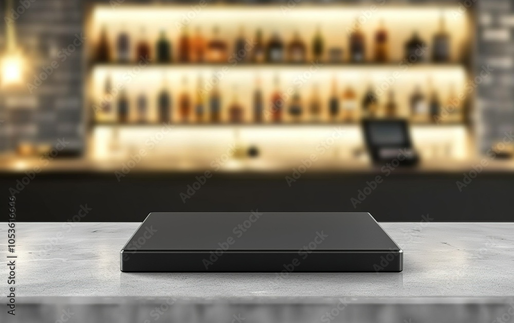 A sleek black surface on a textured countertop in a modern bar against a backdrop of illuminated shelves filled with bottles A sleek black surface on a textured countertop in a modern bar against a backdrop of illuminated shelves filled with bottles