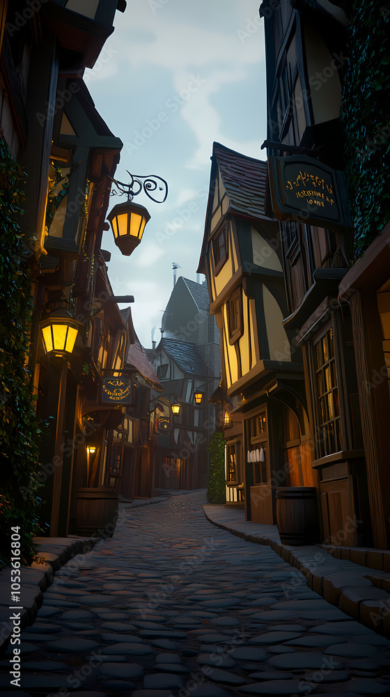 Fototapeta premium A medieval alleyway at dusk, lined with quaint, timber-framed buildings and cobblestone streets. Ivy creeps up walls, lanterns glow against moonlit shadows, signs hang above small shop entrances.