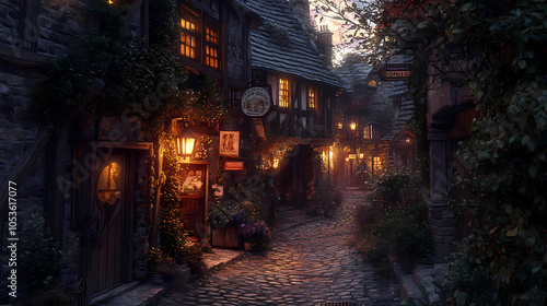 A medieval alleyway at dusk, lined with quaint, timber-framed buildings and cobblestone streets. Ivy creeps up walls, lanterns glow against moonlit shadows, signs hang above small shop entrances.