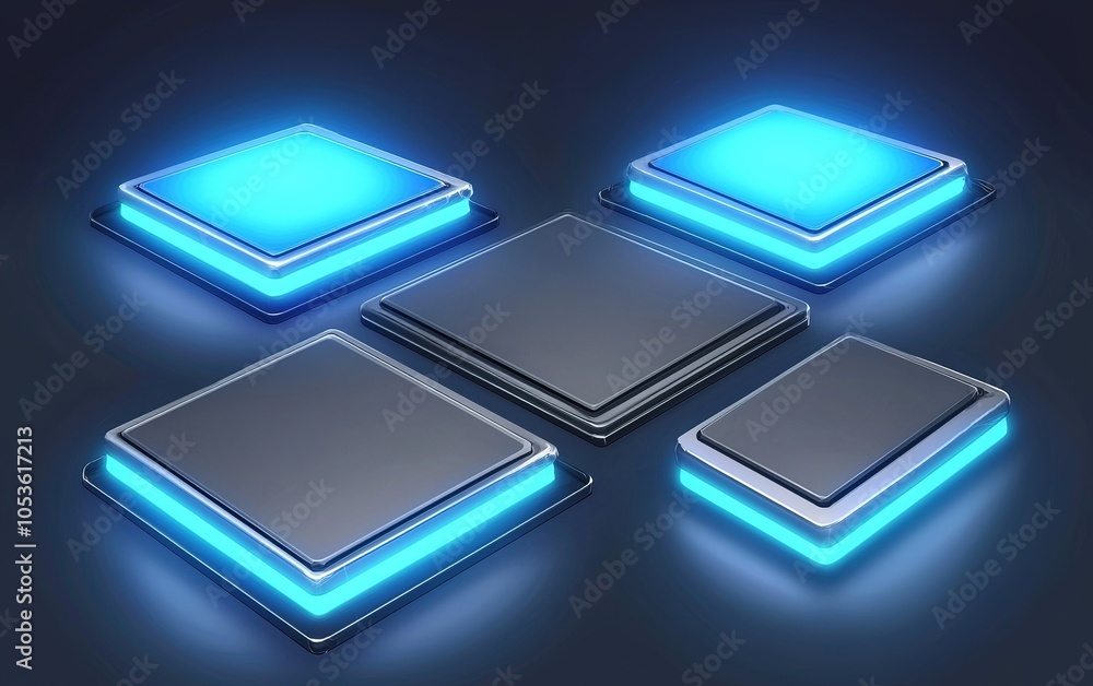 Modern, illuminated square buttons arranged in a dynamic pattern on a dark background, showcasing futuristic design elements Modern, illuminated square buttons arranged in a dynamic pattern on a dark background, showcasing futuristic design elements