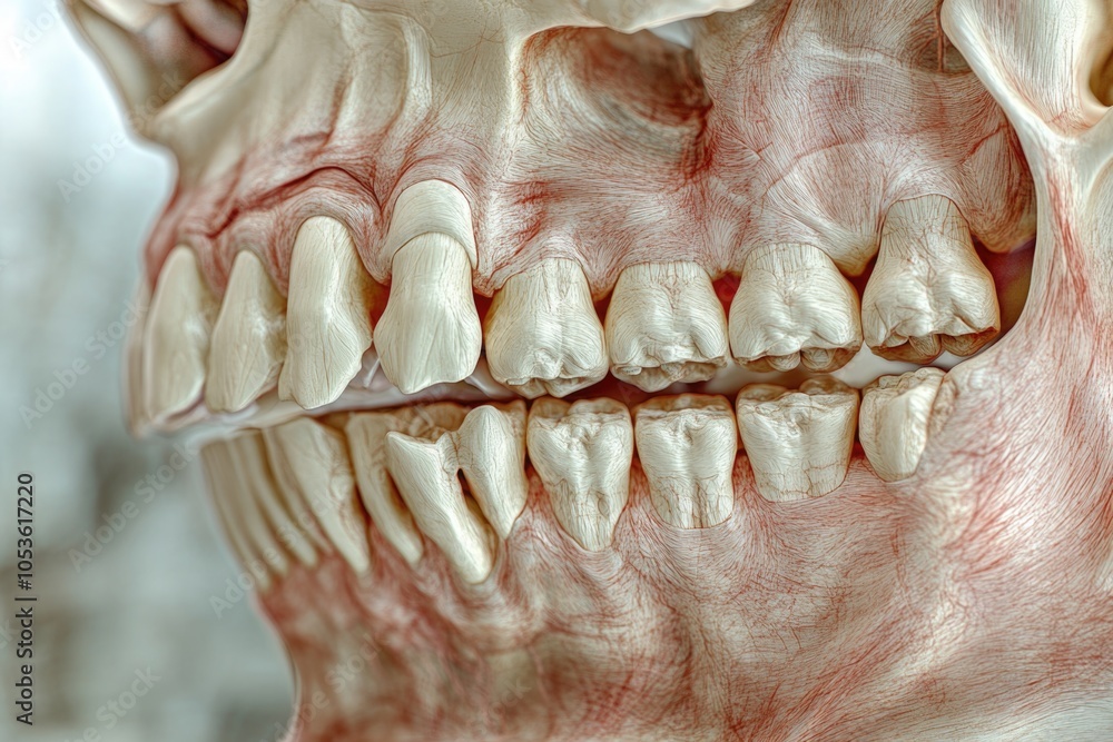 Obraz premium Close-up image of a human skull showing its teeth and bone structure