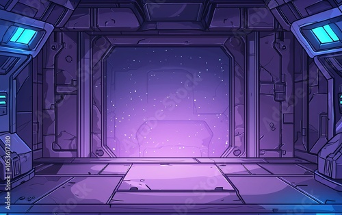 A futuristic corridor featuring a portal to a starry galaxy, bathed in purple hues, located inside a sci-fi spaceship photo