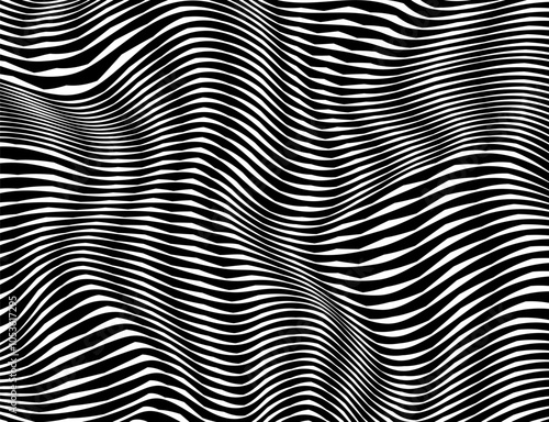 Monochrome symmetrical optical illusion. Abstract optical illusion wave with vertical black and white lines with distortion effect.