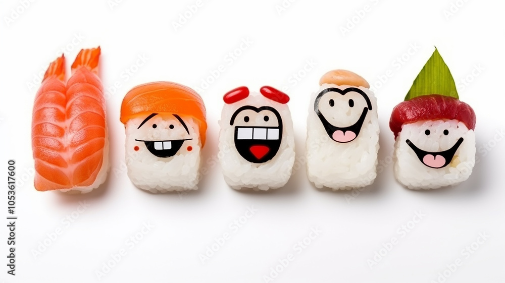 Obraz premium Mouth-watering funny rolls with salmon, rice, avocado, seafood for children, funny the smile on the character's face
