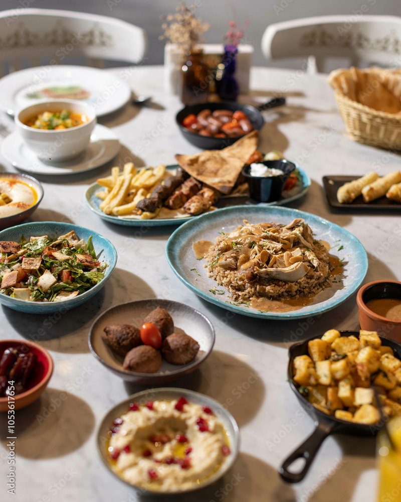Lebanese Mezze Spread with Traditional Dishes and Fresh Drinks
Lebanese Mezze Spread with Traditional Dishes and Fresh Drinks