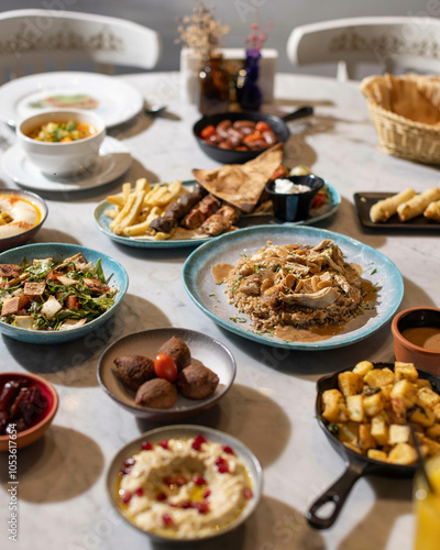 Lebanese Mezze Spread with Traditional Dishes and Fresh Drinks