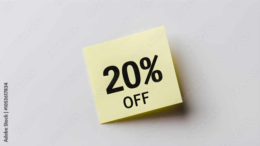 Black '20% OFF' Text on a Light Yellow Square Paper Note. White Background with Copy Space Black '20% OFF' Text on a Light Yellow Square Paper Note. White Background with Copy Space