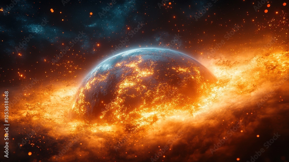 Obraz premium Flaming Earth Cosmic Inferno in Space