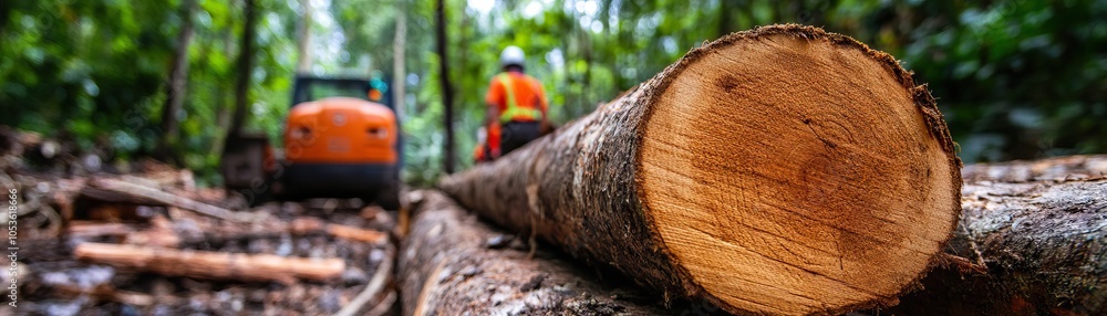 A logging scene showing a freshly cut log in focus, with a forestry worker and machinery in a lush forest setting.