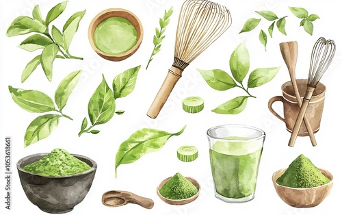 Artistic collection of matcha tea elements, including powder, whisk, leaves, and beverages, set against a clean background