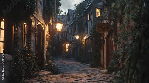 Fototapeta Naklejka Na Ścianę i Meble -  A medieval alleyway at dusk, lined with quaint, timber-framed buildings and cobblestone streets. Ivy creeps up walls, lanterns glow against moonlit shadows, signs hang above small shop entrances.
