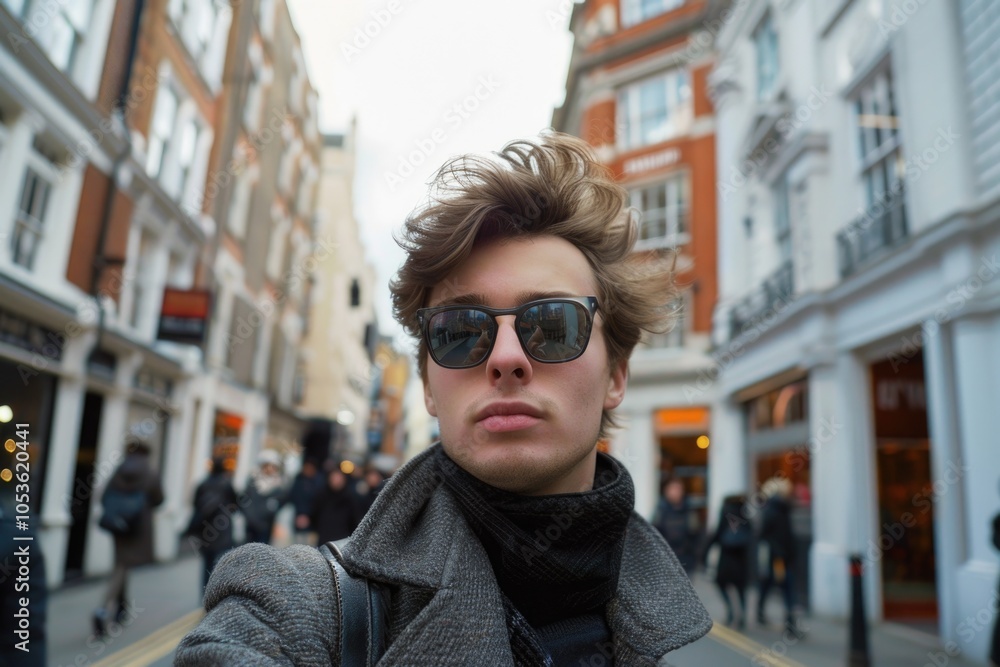 A man stands on a city street wearing a coat and sunglasses A man stands on a city street wearing a coat and sunglasses