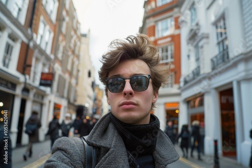 A man stands on a city street wearing a coat and sunglasses