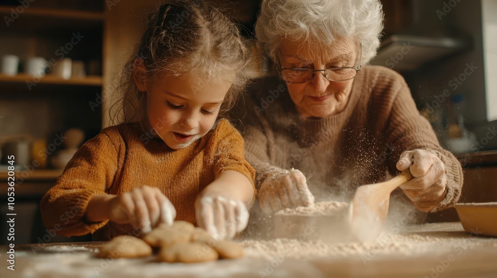 Children baking cookies with a grandparent in a cozy kitchen, flour in the air, playful mess Children baking cookies with a grandparent in a cozy kitchen, flour in the air, playful mess