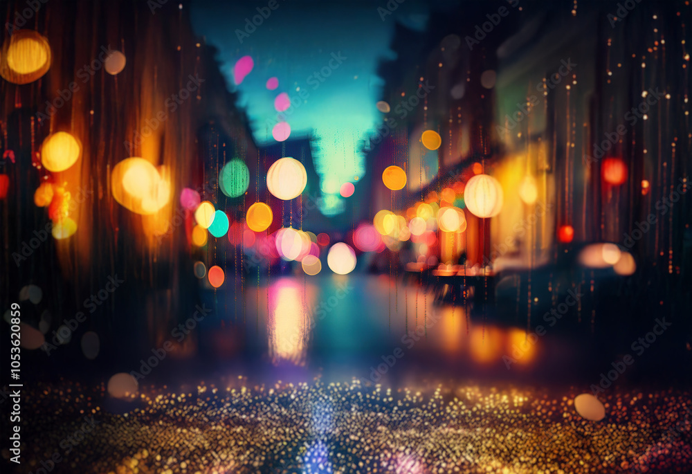 A night scene with out-of-focus city lights and glistening pavement, creating an alluring atmosphere. A night scene with out-of-focus city lights and glistening pavement, creating an alluring atmosphere.