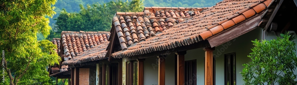 A picturesque view of traditional architecture with tiled roofs amidst greenery. A picturesque view of traditional architecture with tiled roofs amidst greenery.