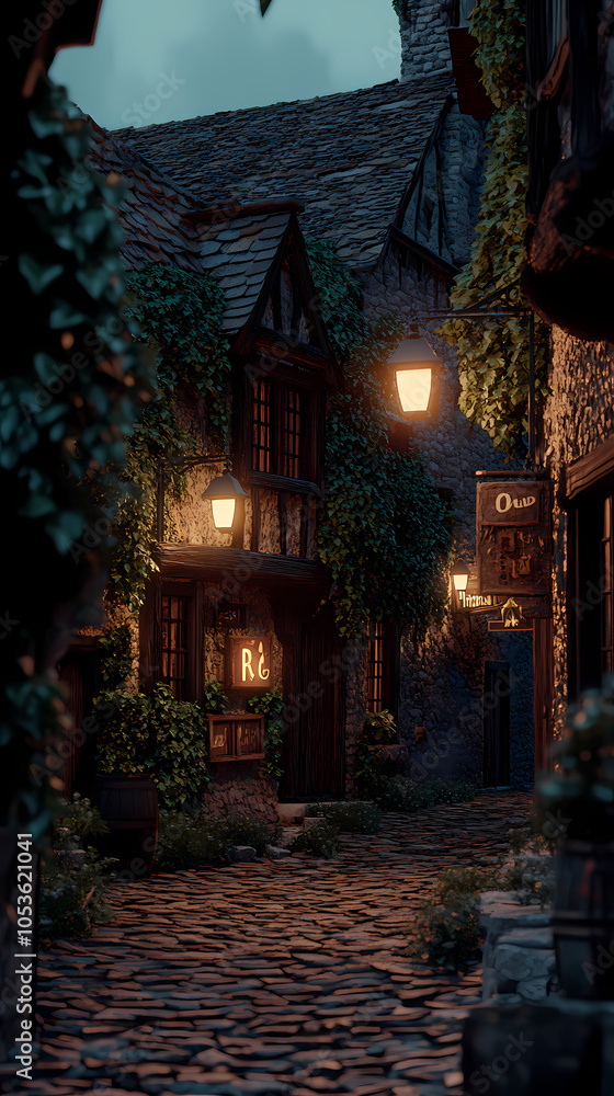 A medieval alleyway at dusk, lined with quaint, timber-framed buildings and cobblestone streets. Ivy creeps up walls, lanterns glow against moonlit shadows, signs hang above small shop entrances. A medieval alleyway at dusk, lined with quaint, timber-framed buildings and cobblestone streets. Ivy creeps up walls, lanterns glow against moonlit shadows, signs hang above small shop entrances.