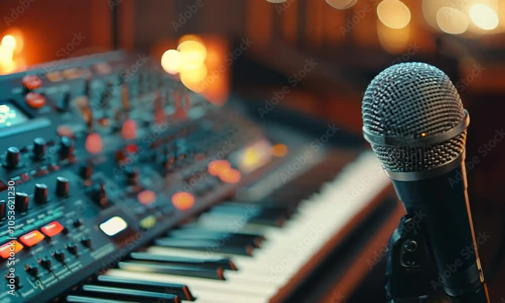 Microphone in focus with a blurred piano background. Microphone in focus with a blurred piano background.