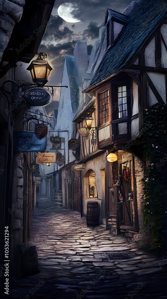 A medieval alleyway at dusk, lined with quaint, timber-framed buildings and cobblestone streets. Ivy creeps up walls, lanterns glow against moonlit shadows, signs hang above small shop entrances. A medieval alleyway at dusk, lined with quaint, timber-framed buildings and cobblestone streets. Ivy creeps up walls, lanterns glow against moonlit shadows, signs hang above small shop entrances.