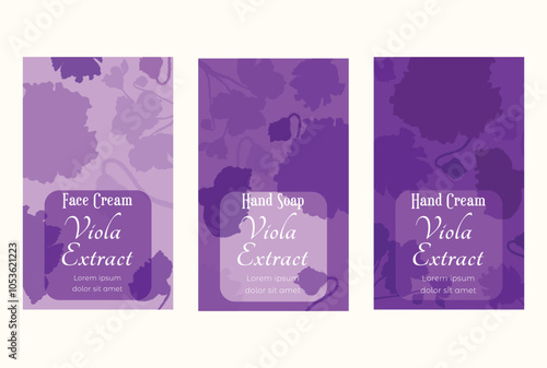 Group of vertical banners for herbal cosmetics, perfumes, or other products. Banners are randomly filled with African violet plant parts. Multi-colored vertical labels with delicate violet plant.