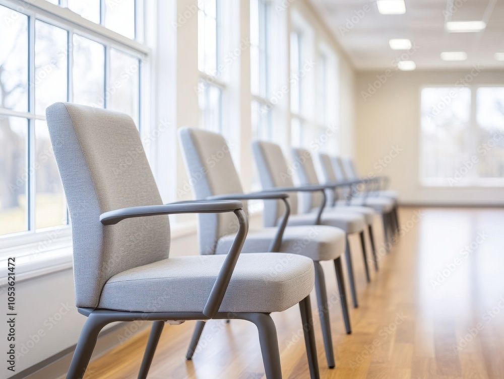 A row of modern chairs positioned near large windows, offering a bright, inviting atmosphere in a contemporary setting. A row of modern chairs positioned near large windows, offering a bright, inviting atmosphere in a contemporary setting.