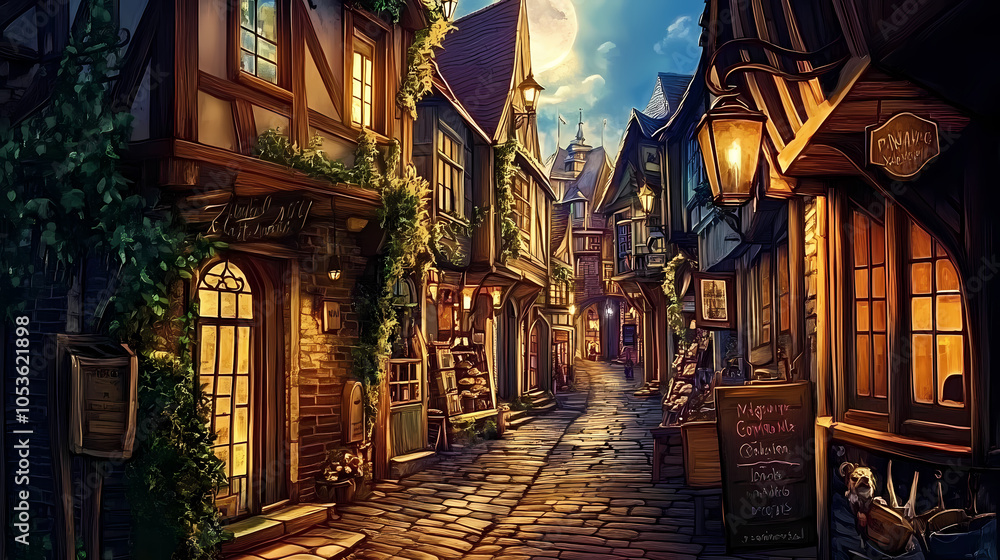 A medieval alleyway at dusk, lined with quaint, timber-framed buildings and cobblestone streets. Ivy creeps up walls, lanterns glow against moonlit shadows, signs hang above small shop entrances. A medieval alleyway at dusk, lined with quaint, timber-framed buildings and cobblestone streets. Ivy creeps up walls, lanterns glow against moonlit shadows, signs hang above small shop entrances.
