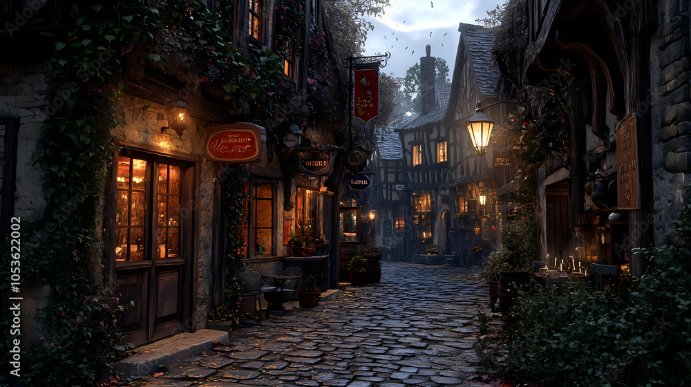 A medieval alleyway at dusk, lined with quaint, timber-framed buildings and cobblestone streets. Ivy creeps up walls, lanterns glow against moonlit shadows, signs hang above small shop entrances. A medieval alleyway at dusk, lined with quaint, timber-framed buildings and cobblestone streets. Ivy creeps up walls, lanterns glow against moonlit shadows, signs hang above small shop entrances.
