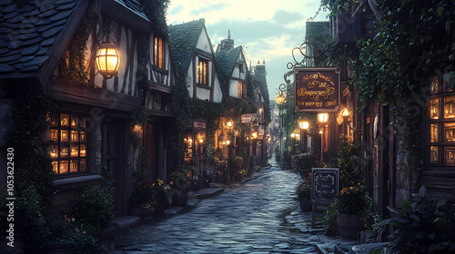 A medieval alleyway at dusk, lined with quaint, timber-framed buildings and cobblestone streets. Ivy creeps up walls, lanterns glow against moonlit shadows, signs hang above small shop entrances.